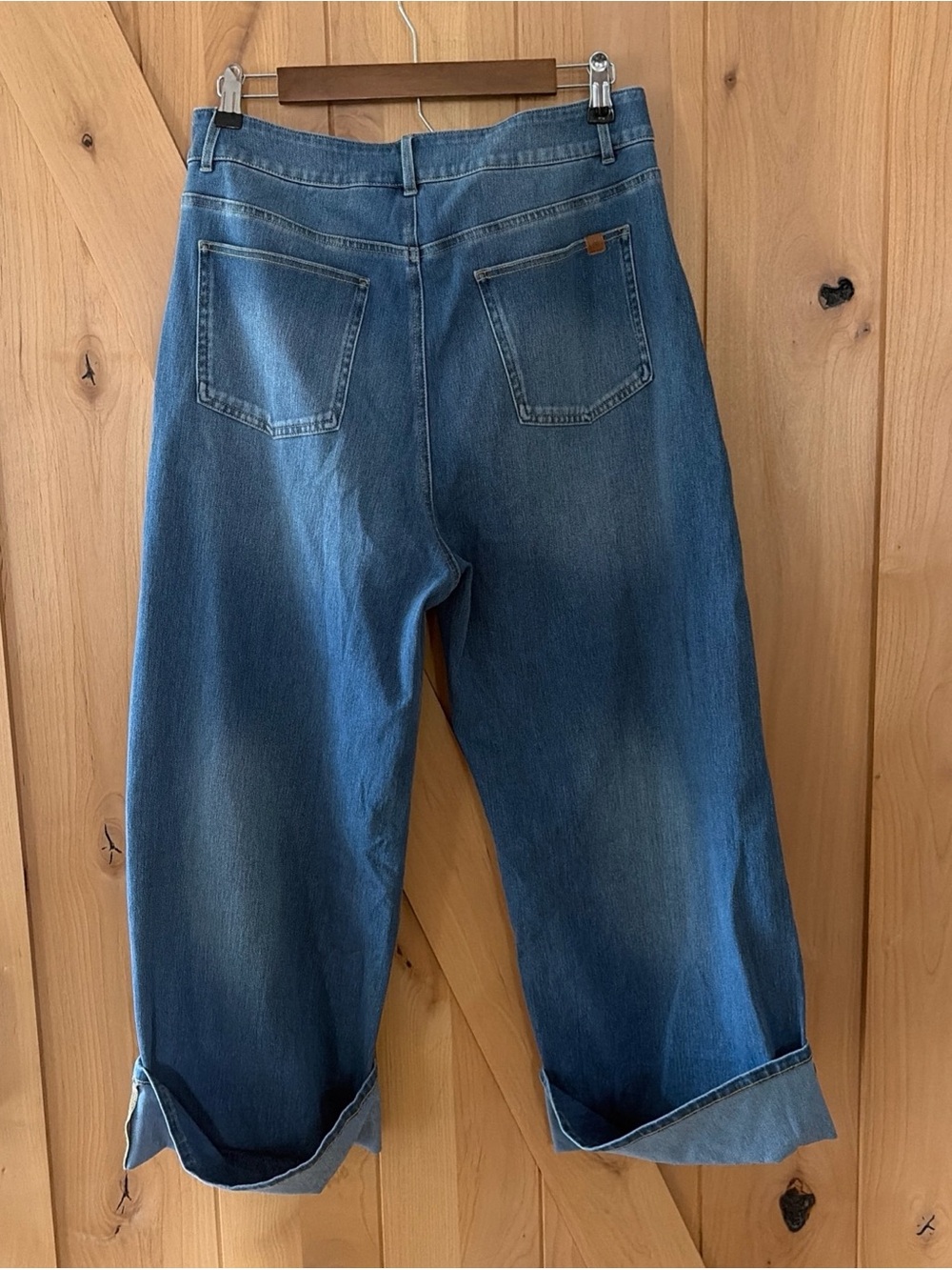 HALARA Flex High Rise Wide Leg Cropped Cuffed Stretch Blue Denim Jeans P L NWT - Picture 5 of 11